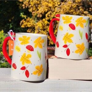 Lang Autumnal Ceramic Coffee Mug Set of 2 Mushrooms And Leaves Hand Painted 16oz